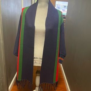 Navy red and green sweater knit shawl with dolman look sleeves